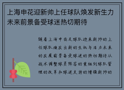 上海申花迎新帅上任球队焕发新生力未来前景备受球迷热切期待