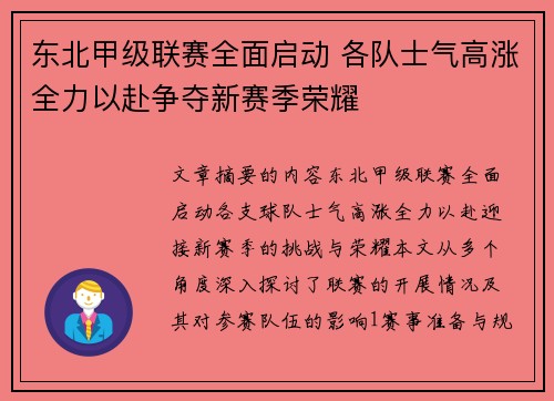 东北甲级联赛全面启动 各队士气高涨全力以赴争夺新赛季荣耀