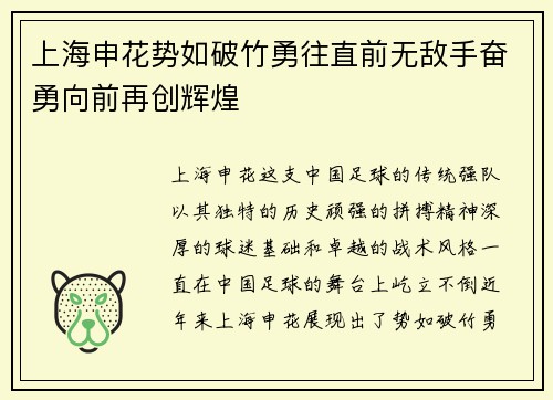 上海申花势如破竹勇往直前无敌手奋勇向前再创辉煌
