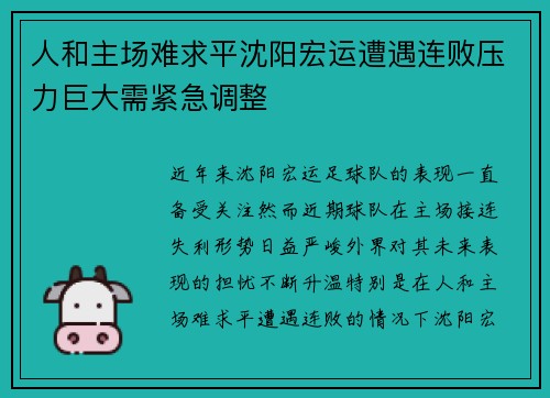 人和主场难求平沈阳宏运遭遇连败压力巨大需紧急调整