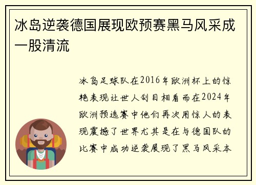 冰岛逆袭德国展现欧预赛黑马风采成一股清流