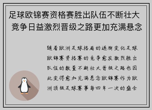 足球欧锦赛资格赛胜出队伍不断壮大 竞争日益激烈晋级之路更加充满悬念