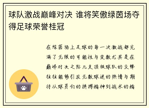 球队激战巅峰对决 谁将笑傲绿茵场夺得足球荣誉桂冠